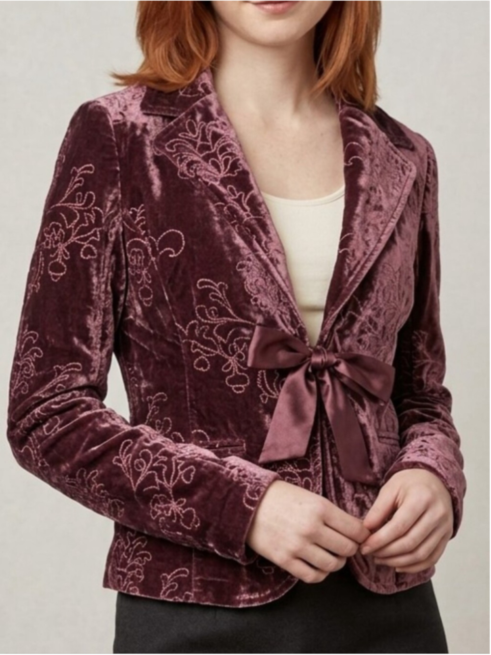 VTG Y2K Velvet Blazer Burgundy Embroidery Size Medium Whimsigoth Romantic Goth